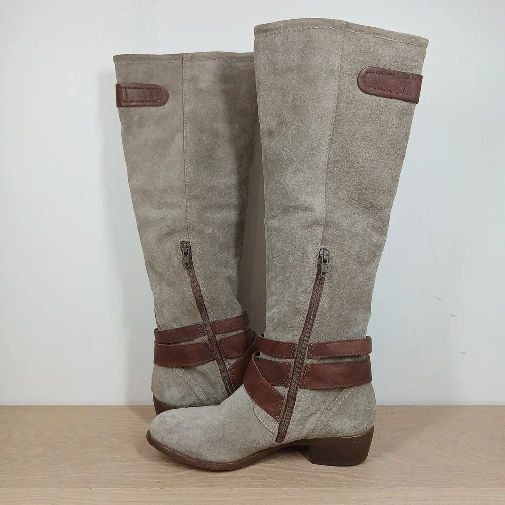 Aldo Knee High Boots Womens 6 Gray Suede Leather Buckle Riding Boho Casual